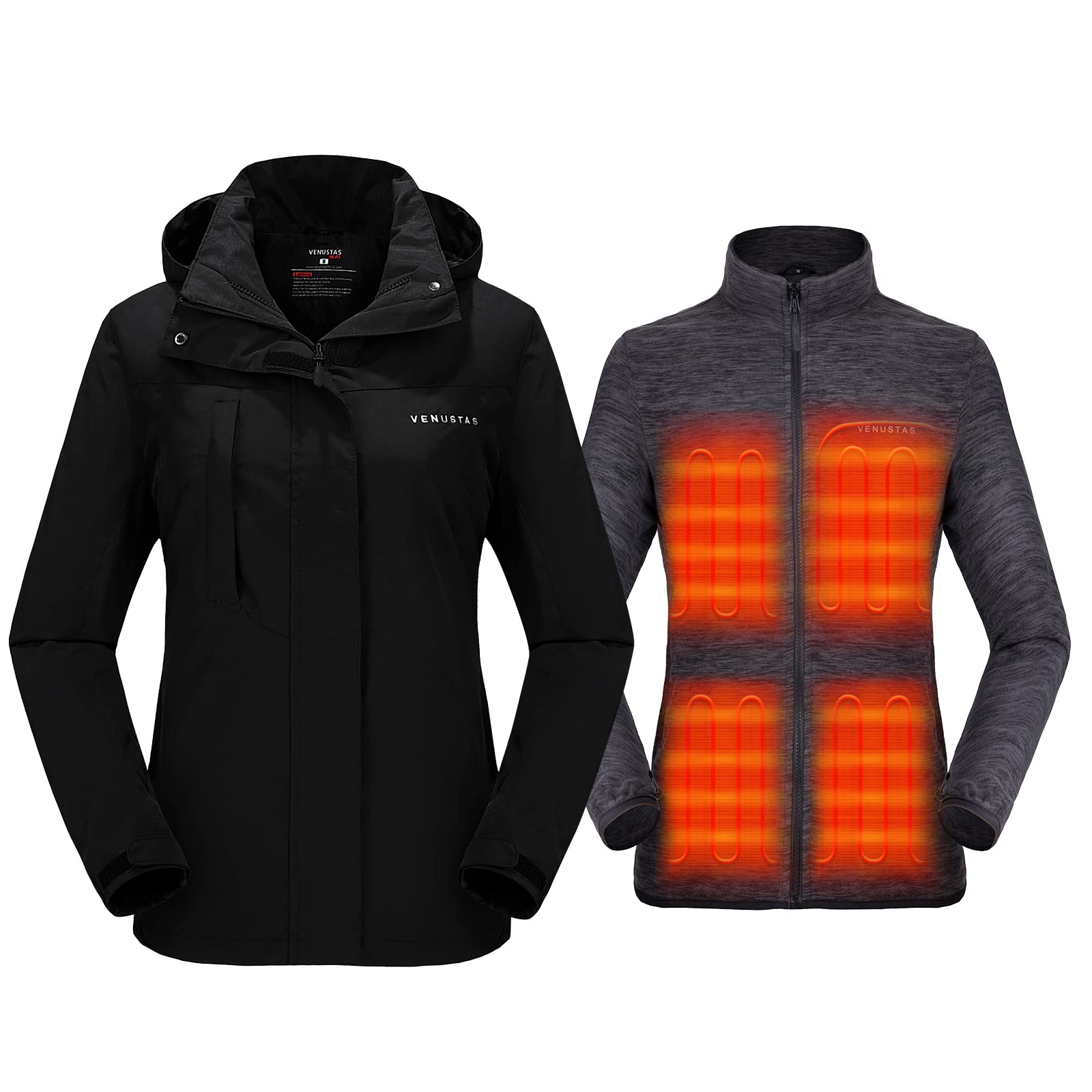 Venustas Women’s 3-in-1 Heated Jacket with Battery, Waterproof Jacket with Hood for Skiing