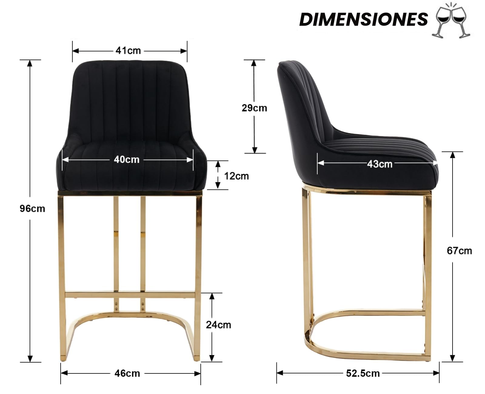 chairus 2PCS Taburetes de Bar de Terciopelo con Patas Doradas, Negro | Sillas Altas de Isla de Cocina con Respaldo Alto, Estilo Elegante