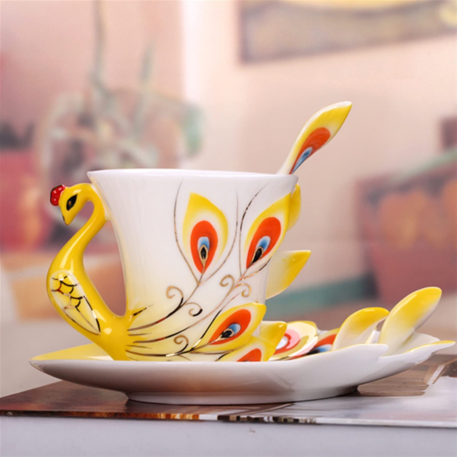 Kaffeetasse Kreative 3d handgefertigte Porzellan Email Peacock Kaffeetasse Set mit Untertasse und Löffel Keramik Tee Wasser Tasse Neuheit Geschenke (230ml) Teetasse ( Color : Blauw , Size : 230ml )