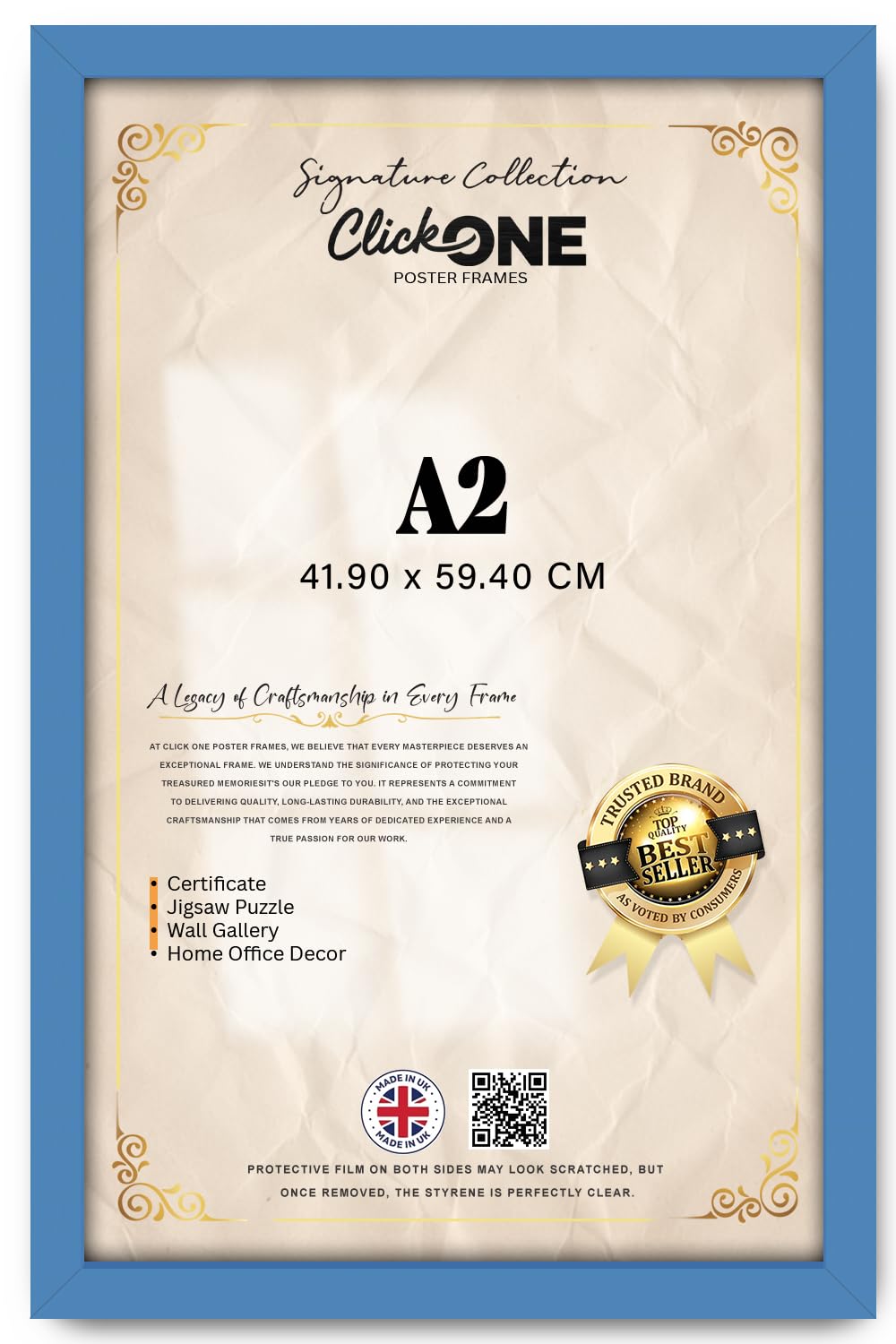 Click One | A2 (41.90 X 59.40 CM) Poster Frame — Clear Perspex Front For Vertical And Horizontal Display | 23 X 16 Inch Blue Border Secure Mounting For Paintings And Photos In Your Home