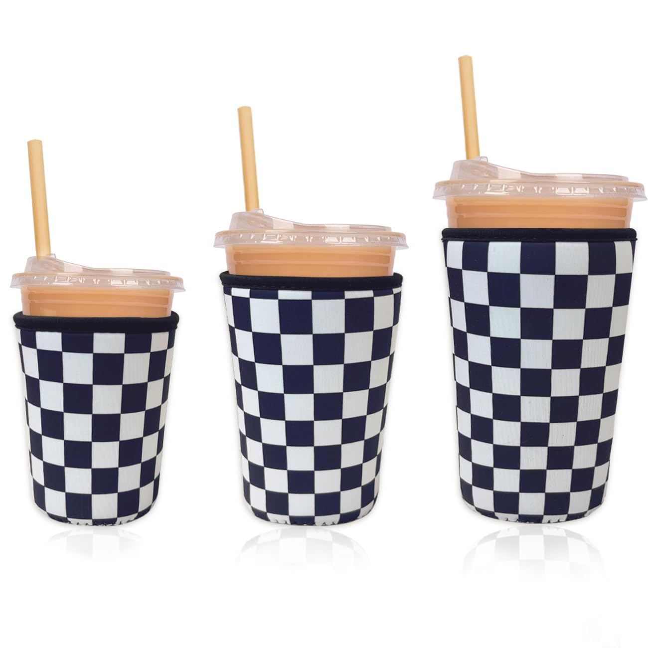 Reusable Insulated Neoprene Iced Coffee Cup Sleeve, Durable Drink Sleeve for Cold Beverages, Beverage Holder for Iced Coffee (Checker Grid)