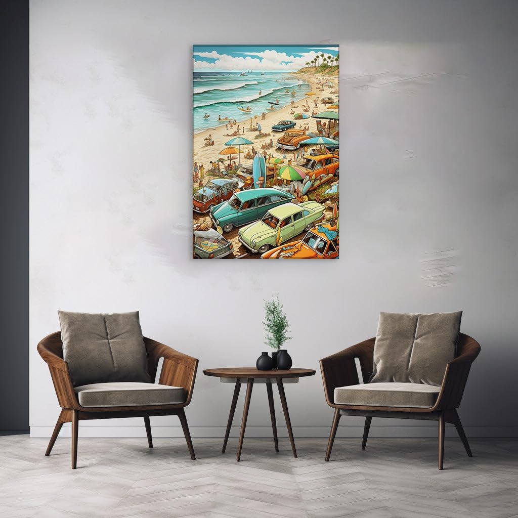 Canvas for Living room. Coastal Carnival: A Tapestry of Sun, Surf, and Sand Revival, 27 x 18 inch Canvas Wall Art - Retro Home Decor - 69x46 cm (27x18 inch)