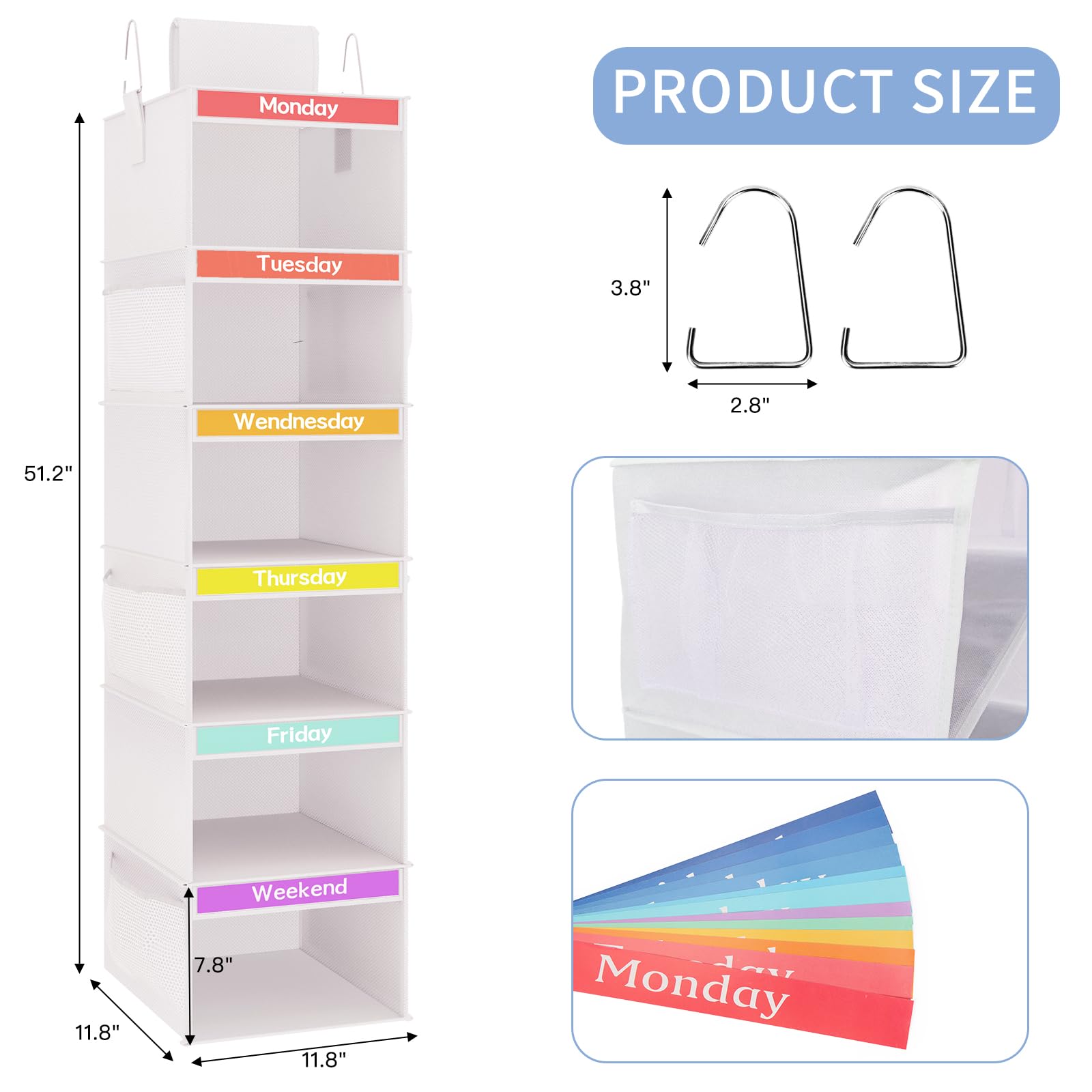 Fixwal 2 Pack 6-Shelf Weekly Hanging Closet Organizer for Kids, Kids Daily Clothes Organizers with 6 Side Pockets, Days of The Week Hanging Storage Shelves (White)