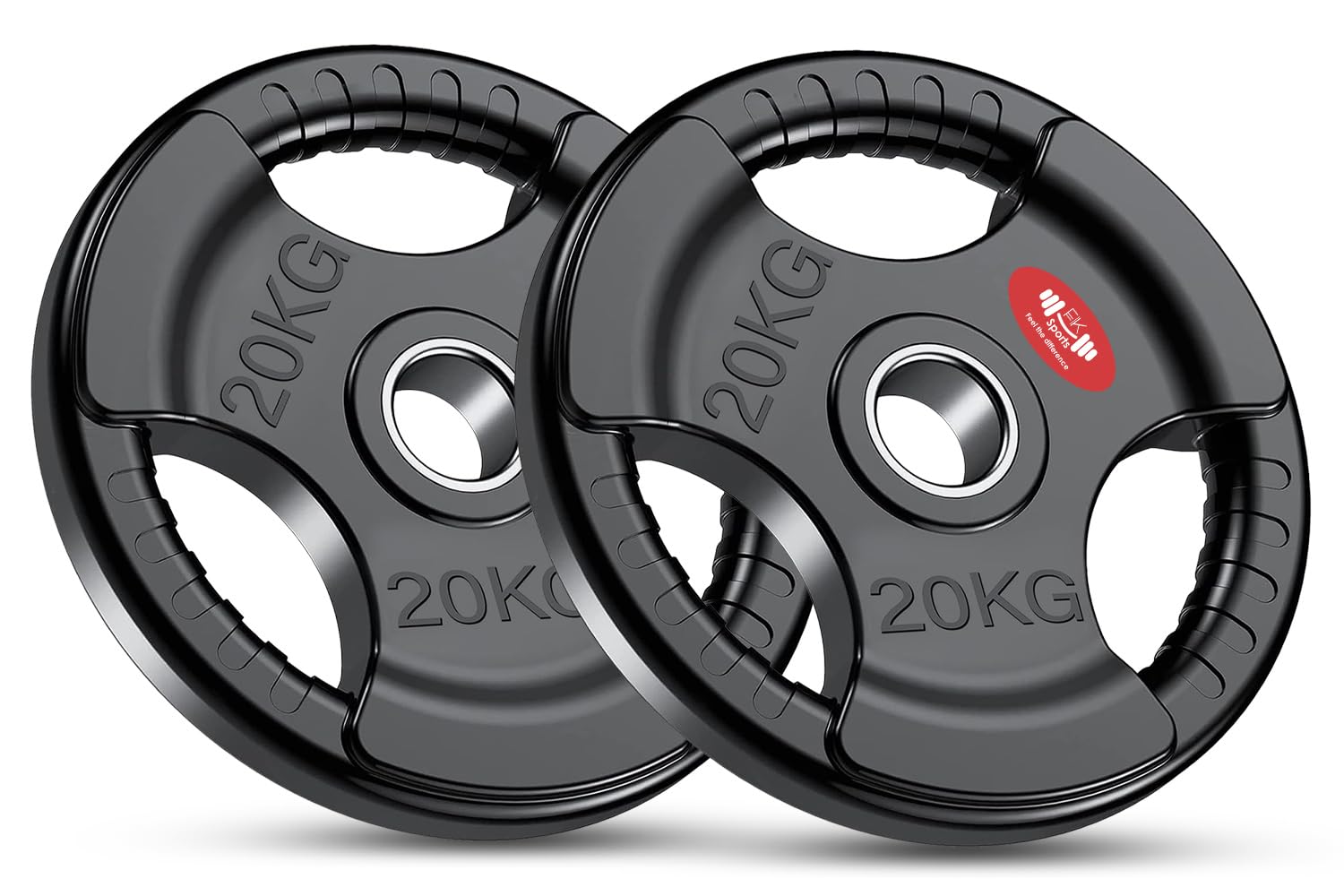 FK Sports Olympic Weight plates Rubber Coated Cast Iron Weights, 2 Inch opening, 2.5kg, 5kg, 10kg, 15kg, 20kg, 25kg, Black Tri grip Barbell Plates, Weight Plates for 2" barbell, Sold in Pair (20 kg) โ image 1
