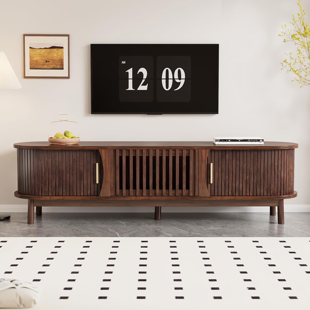 Fluted TV Stand with Sliding Tambour Door, Modern Entertainment Center with Storage Cabinet and Drawers for Living Room, Mid Century Media Console Table for TVs up to 80 Inch (Dark Brown, 67”)