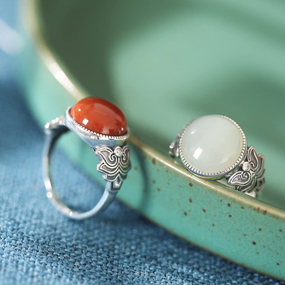 Ringe Silber, Verstellbarer Ring Für Frauen Vintage Blumenform Distressed 925 Sterling Silber Ring Natürlicher Runder Hetian Jade Edelstein Energie Charme Hochzeit Schmuck Geschenke Für Damen