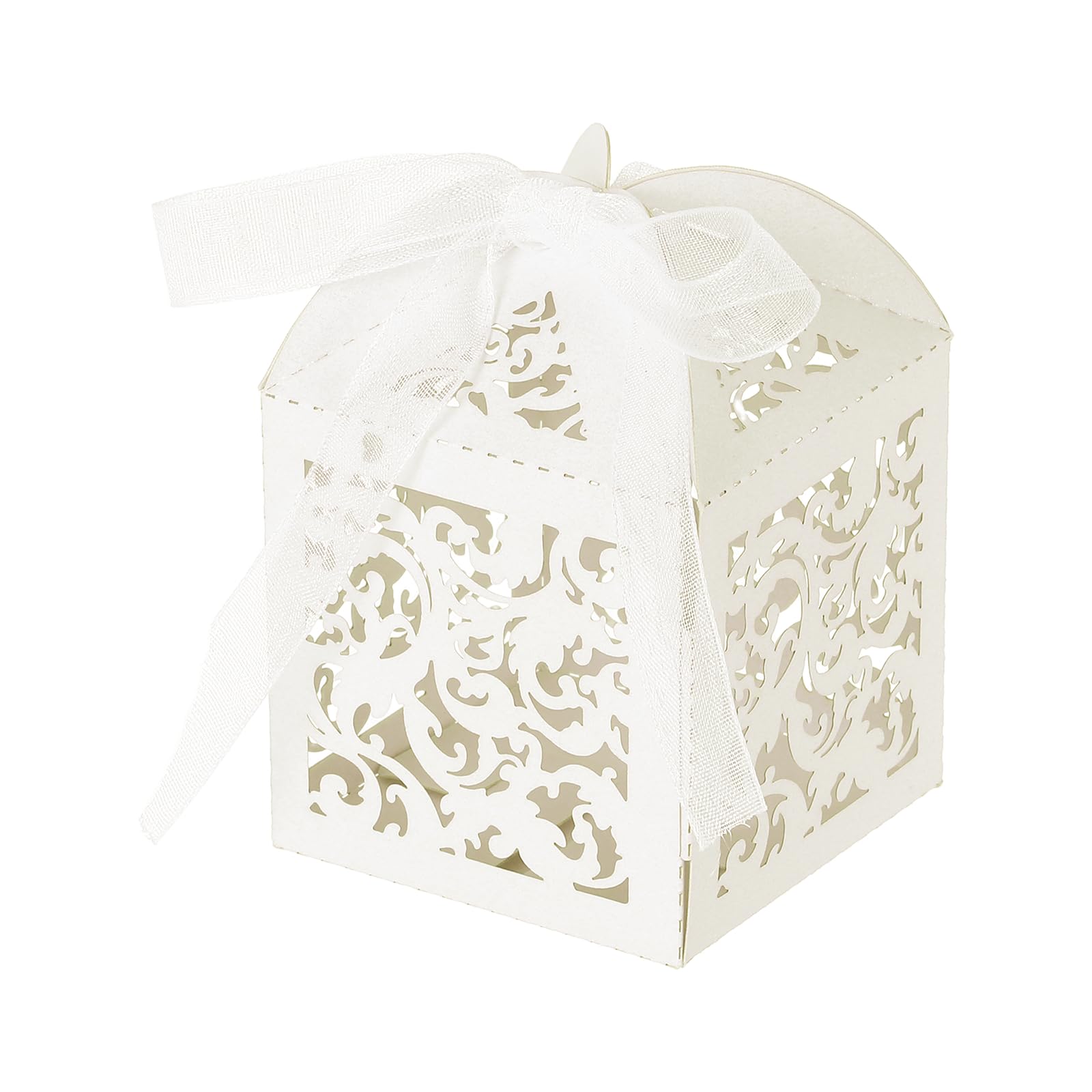 PATIKIL Laser Cut Favor Boxes,(Light White) (50Pcs), Reusable Cute Candy Cookie Gift Boxes with Ribbons for Wedding/Birthday Party/Anniversary/Baby Shower