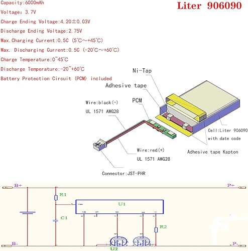 Miniatura 2 de Liter energybattery 3.7V Lipo Batería 6000mAh Batería recargable de polímero de iones de litio 906090 con conector JST