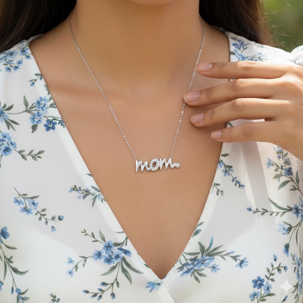 Jewelili Mom Pendant Necklace for Women | Sterling Silver Necklace | I Color I2 Clarity 1/20 CTTW Lab Grown Diamonds | 18" Rope Chain | Luxury Jewelry | Gift Box Included