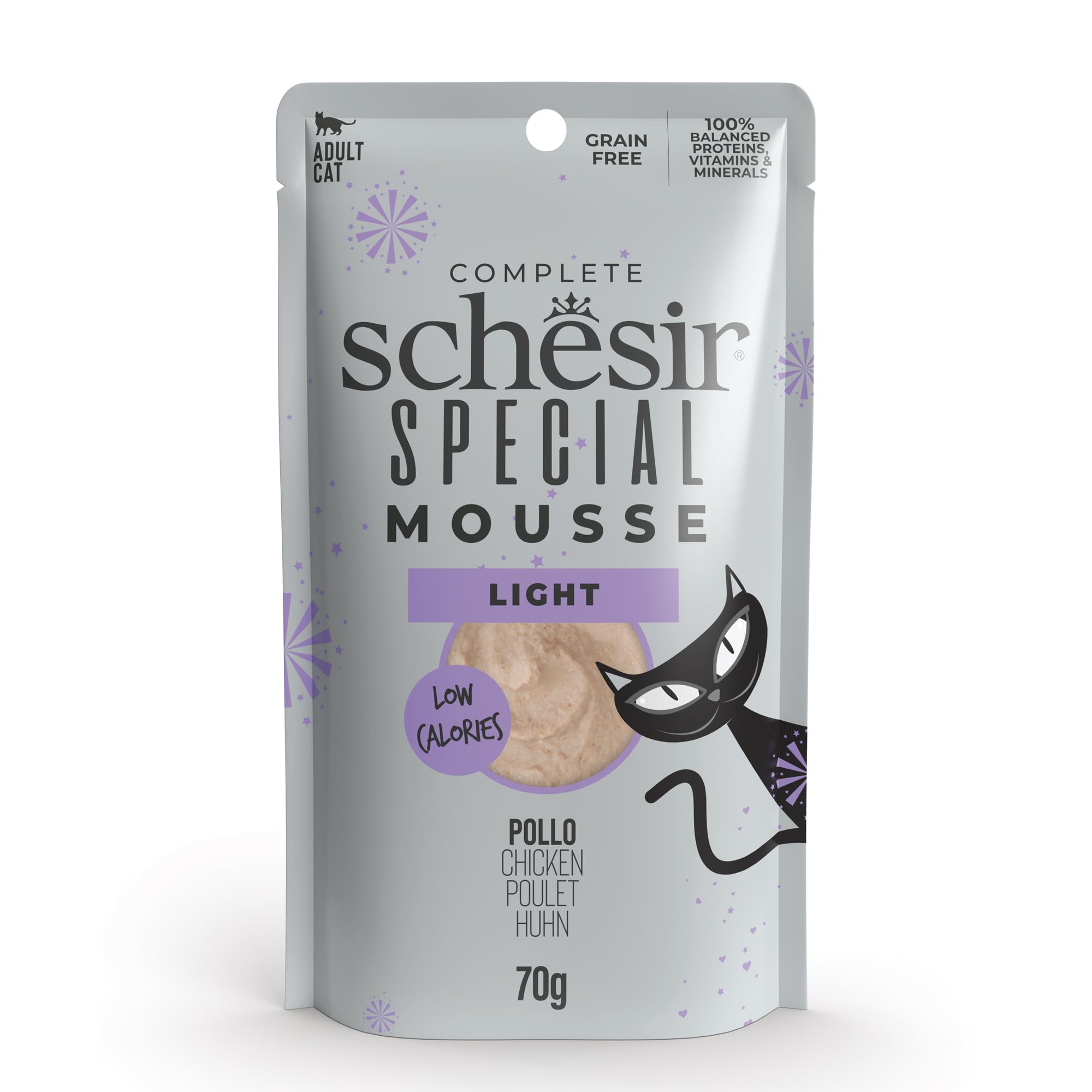 Schesir Special Light, Filetti di Pollo in Mousse, Alimento Umido Completo per Gatti, in Busta, Grain Free, Alto Contenuto di Proteine, Ricco di Idratazione, 12 x 70g