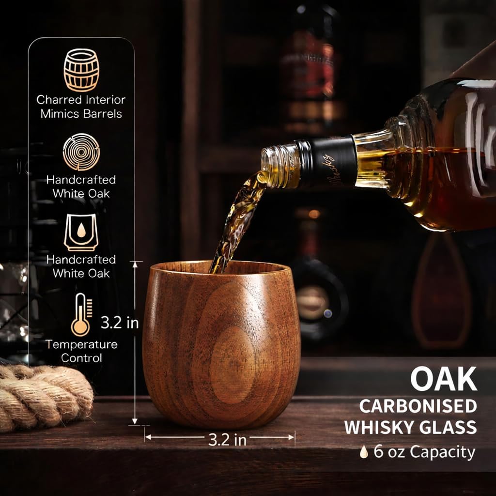 Wooden Whiskey Glass Gifts For Men - Charred Wood Bourbon Whiskey Glasses, Perfect for Men Who Have Everything, Gift for Dad or Boyfriend on Father's Day, Birthday, Christmas, Thanksgiving (2 Pack)