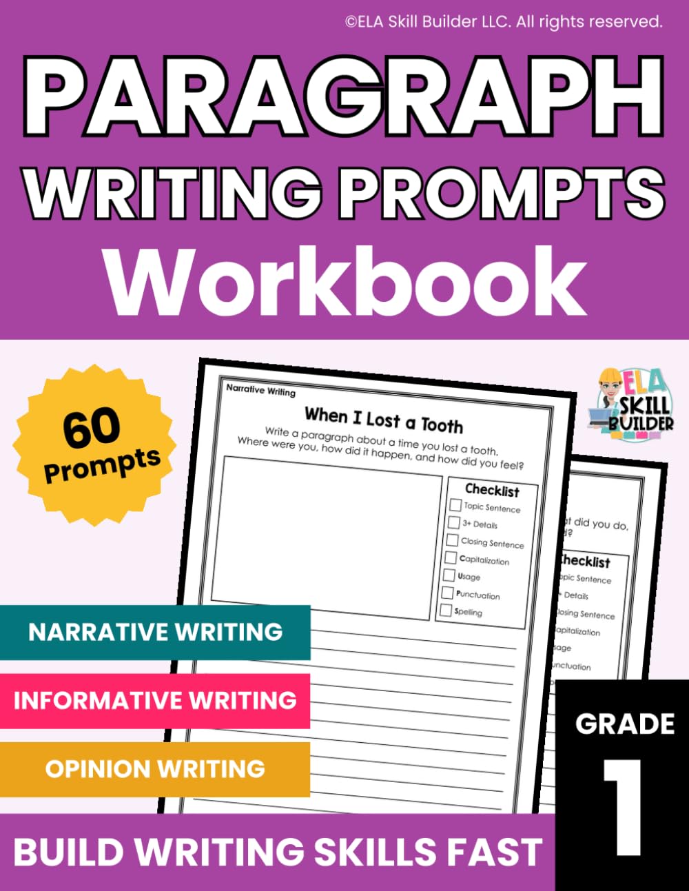 1st Grade Paragraph Writing Prompts Workbook: 60 Writing Prompts for 1st Grade | Narrative, Creative, Informative & Opinion Writing | Paragraph ... (Elementary Grammar & Writing Workbooks)