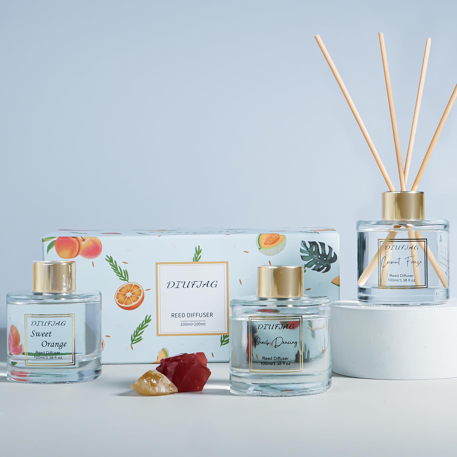 DIUFJAG Profumo per Ambienti,2 x 100ml,Arancia/Pesca,Orange Peach con 10 Bastoncini Profumati Aromaterapia,Diffusore per la casa,Reed Diffuser per Camera da Letto,Ufficio,Bagno,Scaffale