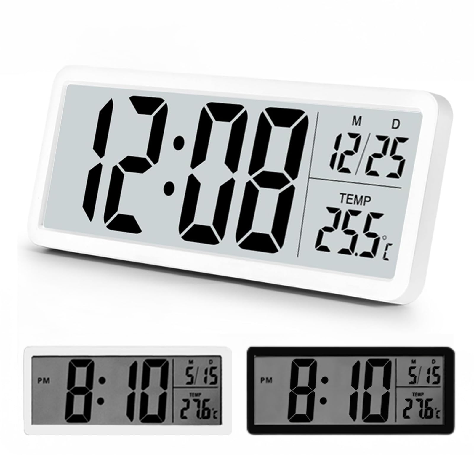 Reloj de pared digital que funciona con pilas, 20 cm, funciona con la principal, temperatura, 12/24 horas, reloj silencioso para niños, para dormitorio, sala de estar, oficina, cocina, color blanco