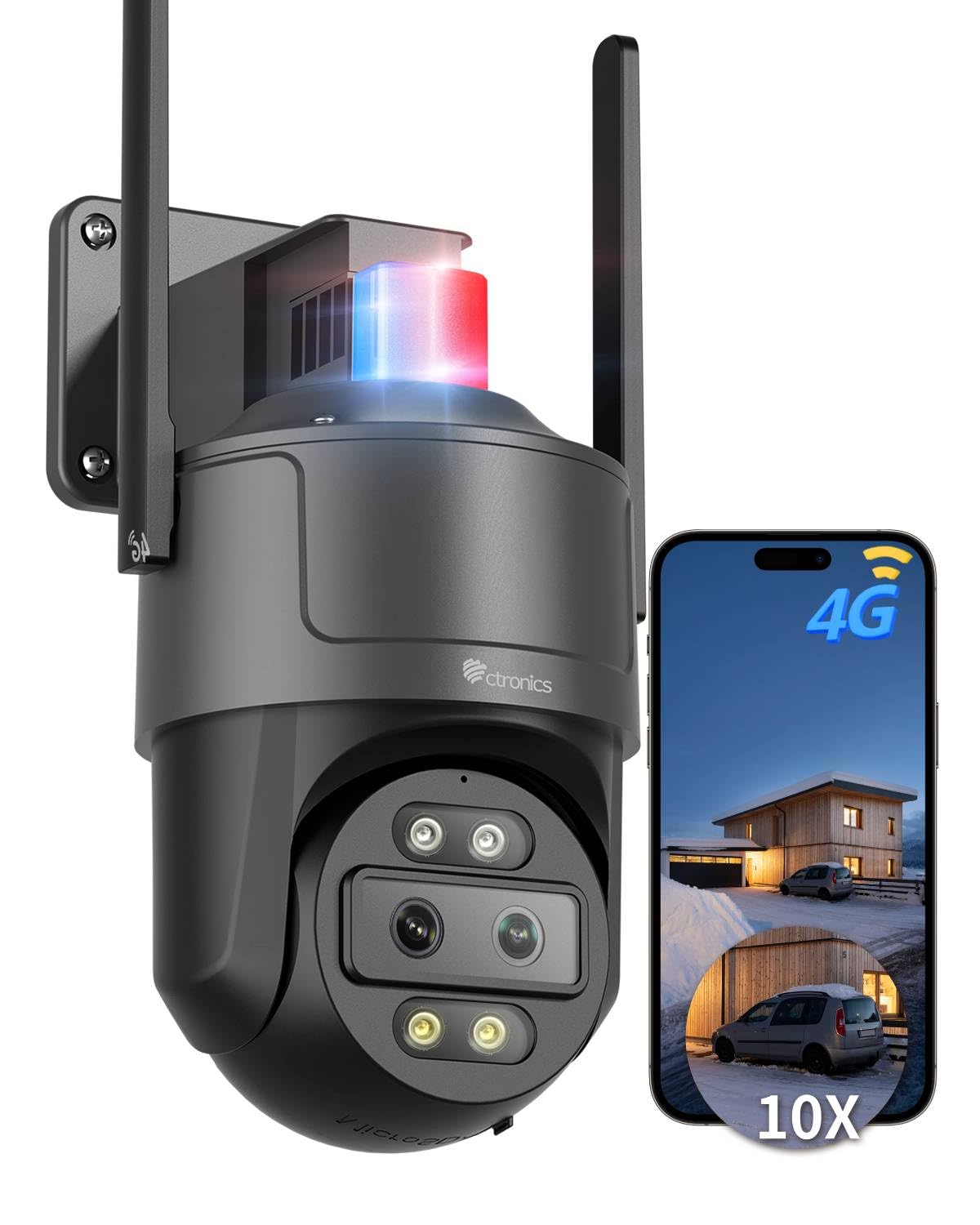Ctronics 4G Dual-Objektiv Überwachungskamera Aussen, 4MP 10X Hybrid Zoom & Weitwinkel, Auto-Tracking, 30m Farb-Nachtsicht, Rot/Blau-Licht, PC/App, NVR/FTP, Cloud/128GB TF Karte