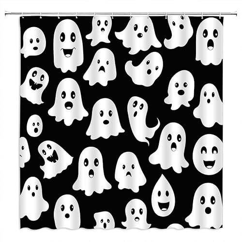 Cortina de ducha de fantasmas de Halloween, espeluznante, linda, divertida, fantasmas de dibujos animados, blanco y negro, para niños, niños, niños,