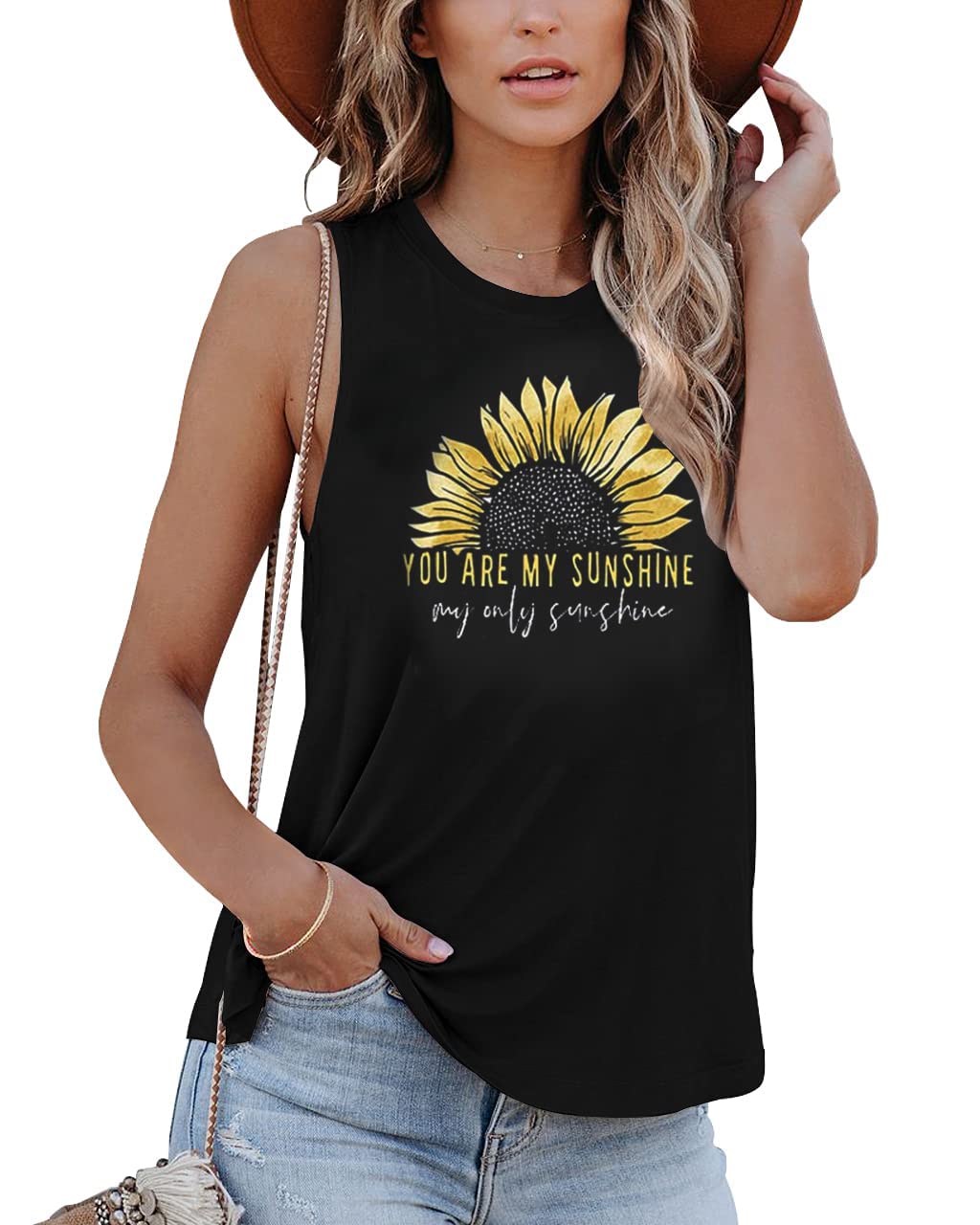 ChriseldaWomen Graphic Tank Tops Loose Fit Summer Sleeveless Tee Shirts Casual Crew Neck Basic Blouses