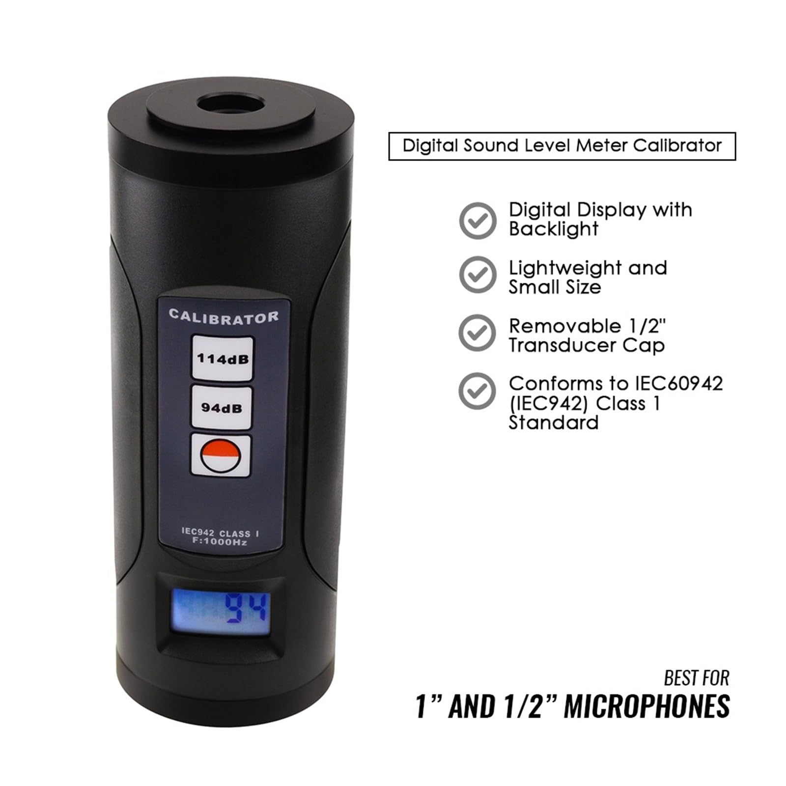 Calibrador de sonómetro micrófono SLM 94dB y 114dB, medidor nivel sonido 1/2 pulgadas 1 pulgada, probador decibelios ruido, retroiluminación,Premium resistente a la intemperie