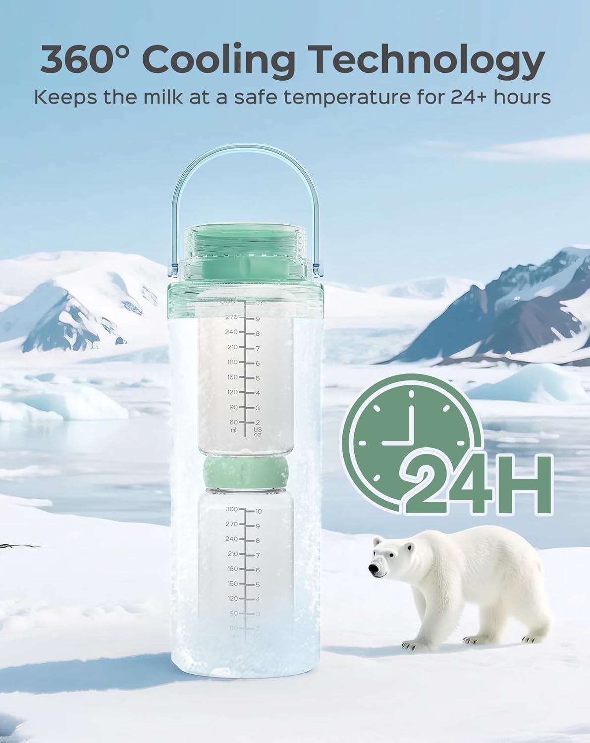 Xaproo Breast Milk Cooler with 360 degree cooling technology, keeping milk fresh for 24 hours, with a polar bear in the background.