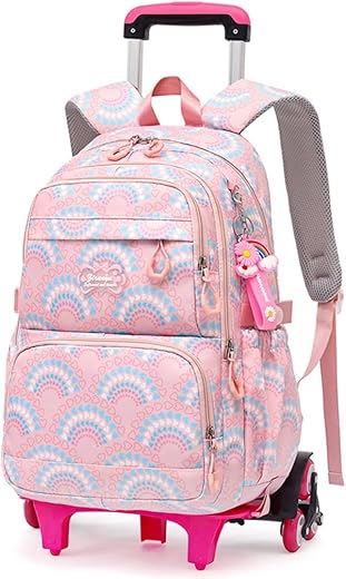 PALAY® School Bag for Girls 7-12 Years Old Cute Heart Print School Trolley Bag with Detachable Wheel Stand and 6 Wheels Wa...