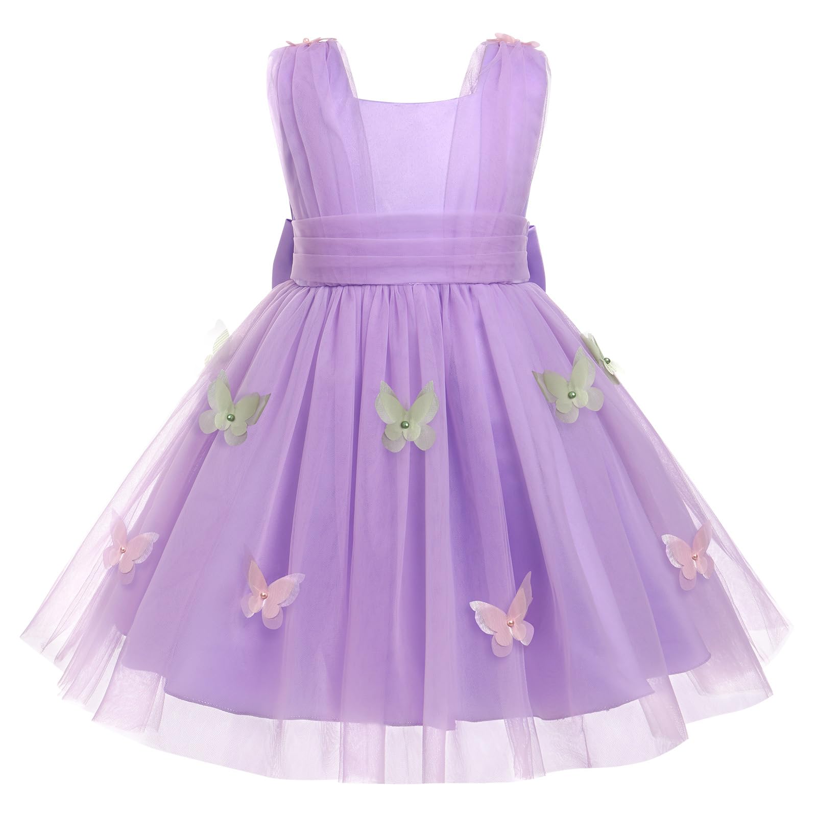 OBEEII Butterfly Dress for Girls Toddler Square Neck Bowknot Satin Tulle Dress 1st Birthday Party Cake Smash Pageant Flower Girl Wedding Dress Purple 18-24 Months