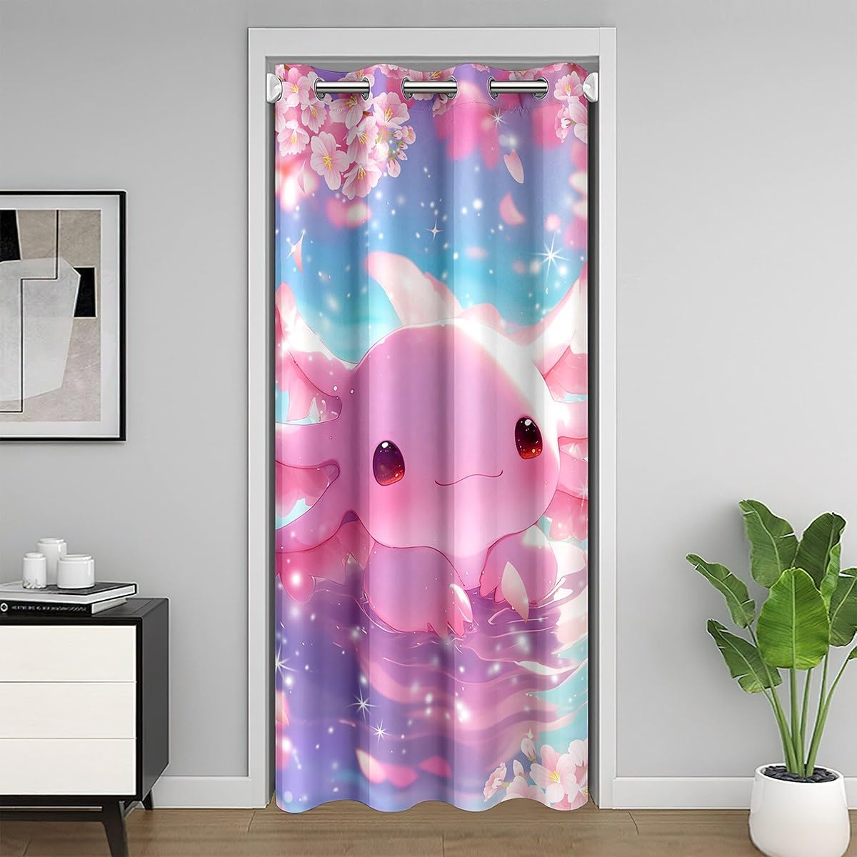Feelyou Cute Axolotl Door Cover Curtain Set Cartoon Sea Animal Curtain for Doorway Privacy Blue Ocean Theme 30%-50% Room Darkening Blackout Salamander 1 Panel, 34"x80"