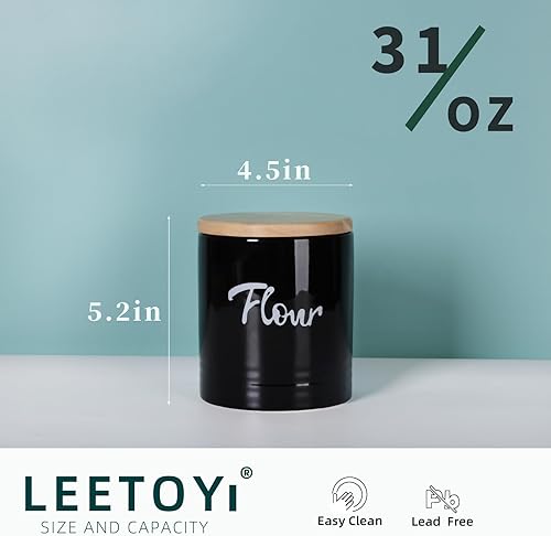 Miniatura 2 de LEETOYI Contenedores de almacenamiento de alimentos de porcelana con tapa, 4.5 pulgadas, 31 onzas, harina etiquetada negra