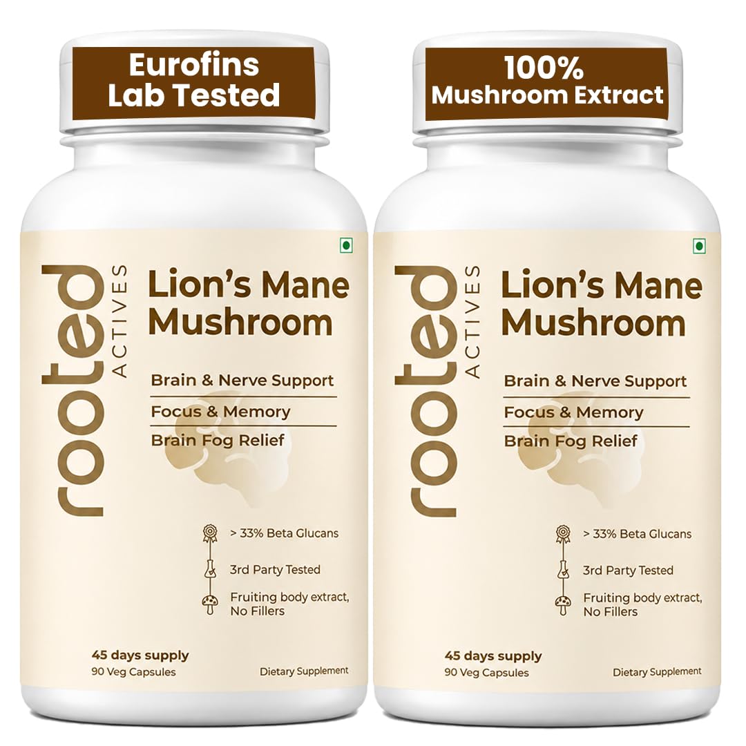 ROOTED USDA Organic Lions Mane Mushroom Extract Capsules, 38% Beta Glucans (90 Capsules) (Pack of 2)