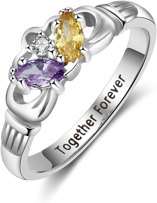 Love Jewelry Personalized 2 Simulated Birthstone Mothers Ring Engraved Names Custom Engagement Promise Rings for Women (8)