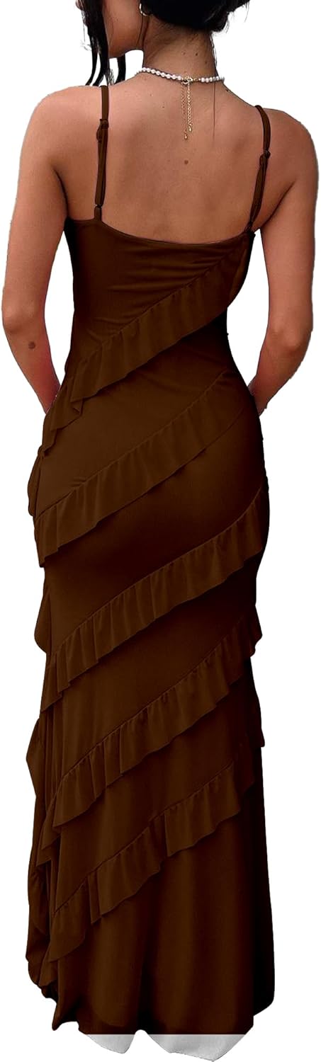 HOCILLE Women's Sexy V Neck Backless Bodycon Spaghetti Strap Elegant Ruffle Maxi Cocktail Party Dresses - Image 2