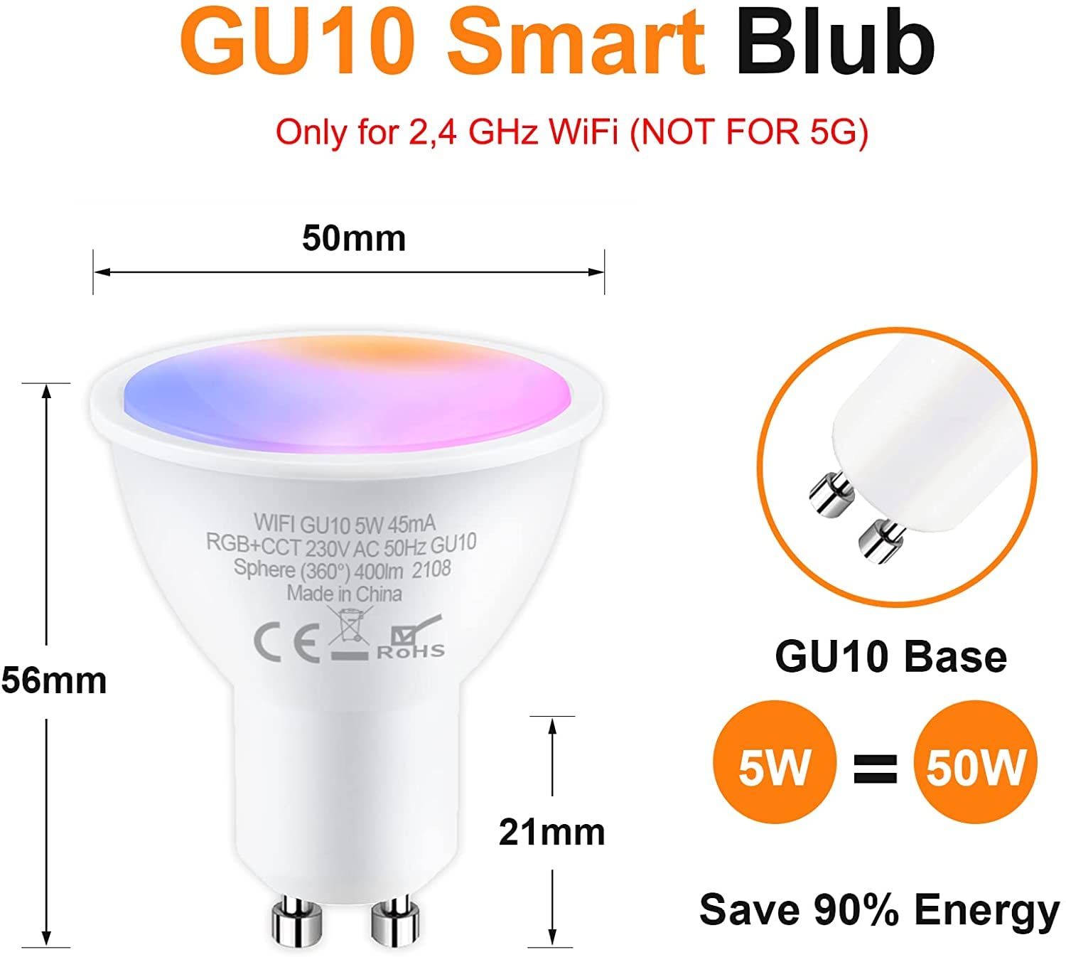 Lampadine LED Alexa Intelligente WiFi GU10 5W, Lampadina Dimmerabile Multicolore, Controllo App Compatibile con Alexa/Google Home, RGB&2700K-6500K Bianco Freddo Caldo, Nessun Hub Richiesto,4PCS