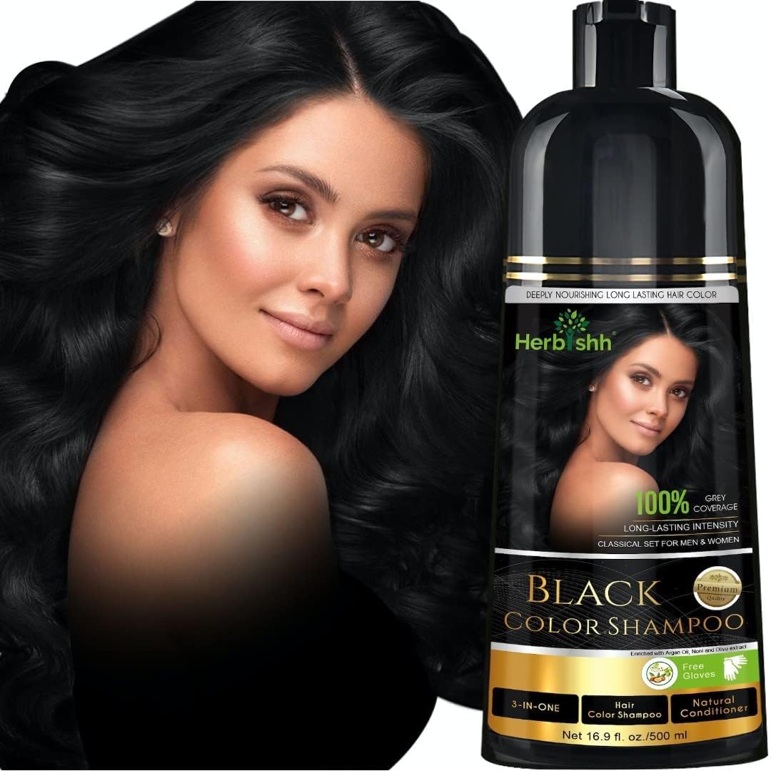 Herbishh Hair Colour Shampoo (Black, 500Ml) - Paraben Free, Ammonia Free Dye For Women & Men | Permanent Hair Dye Shampoo with 100% Grey Coverage Up To 8 Weeks