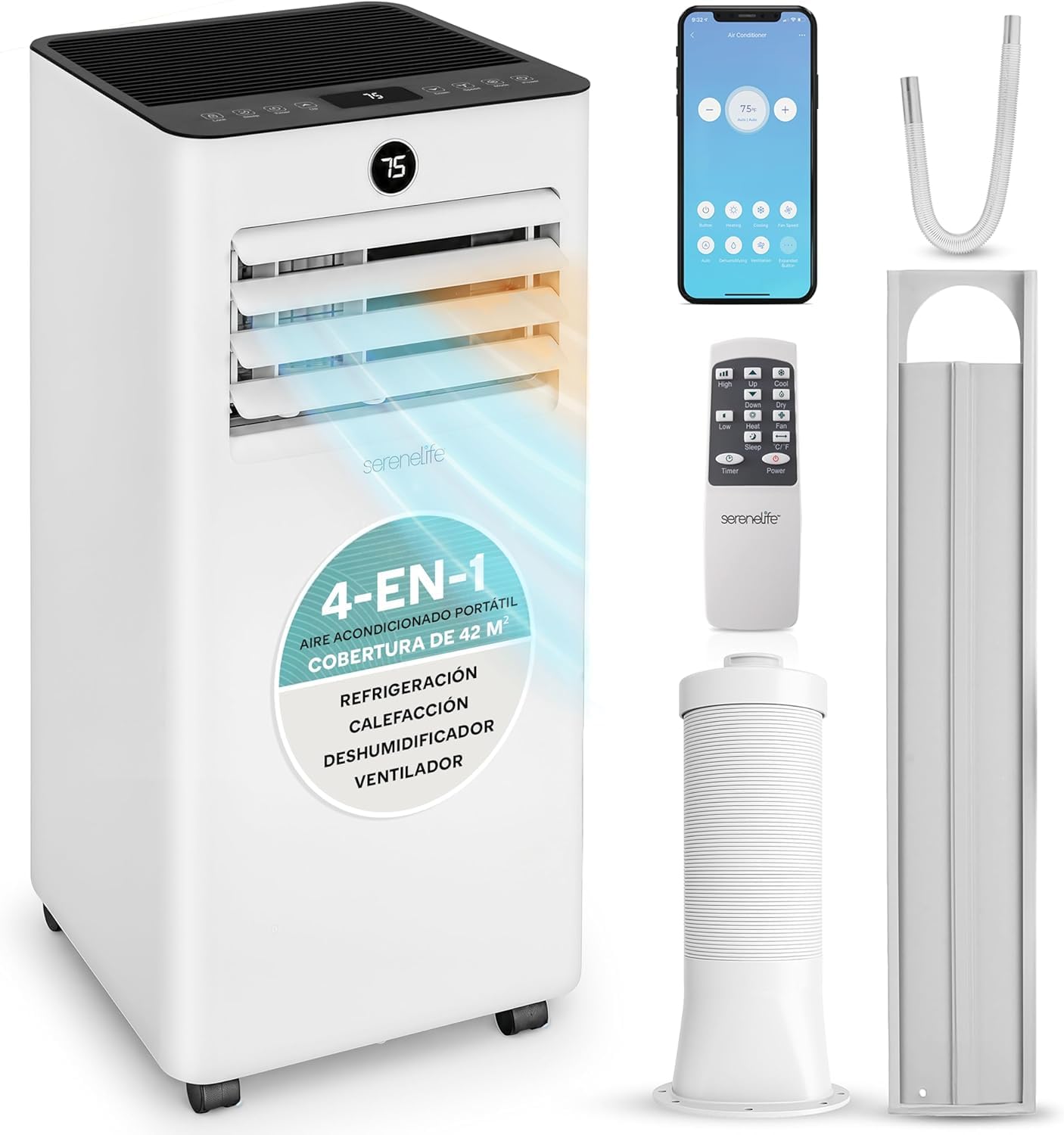 SereneLife Climatiseur portable 9000 BTU 2,93 kW avec tuyau d'échappement, unité 4 en 1 avec WiFi, refroidissement, chauffage, ventilateur et déshumidificateur, pour pièces jusqu'à 31 m