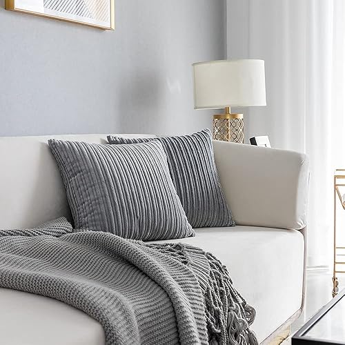 Miniatura 7 de Kevin Textile - Juego de 2 fundas de cojín decorativas de terciopelo de pana a rayas súper suaves para bebé, 16 x 16 pulgadas (15.7 in), color gris
