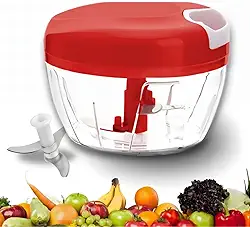 Processador Manual de Alimentos, 500ml, Lâminas Triplas em Aço Inox - Picar, Cortar, Triturar e Misturar Cebola, Ervas, Frutas, Verduras (Vermelho)