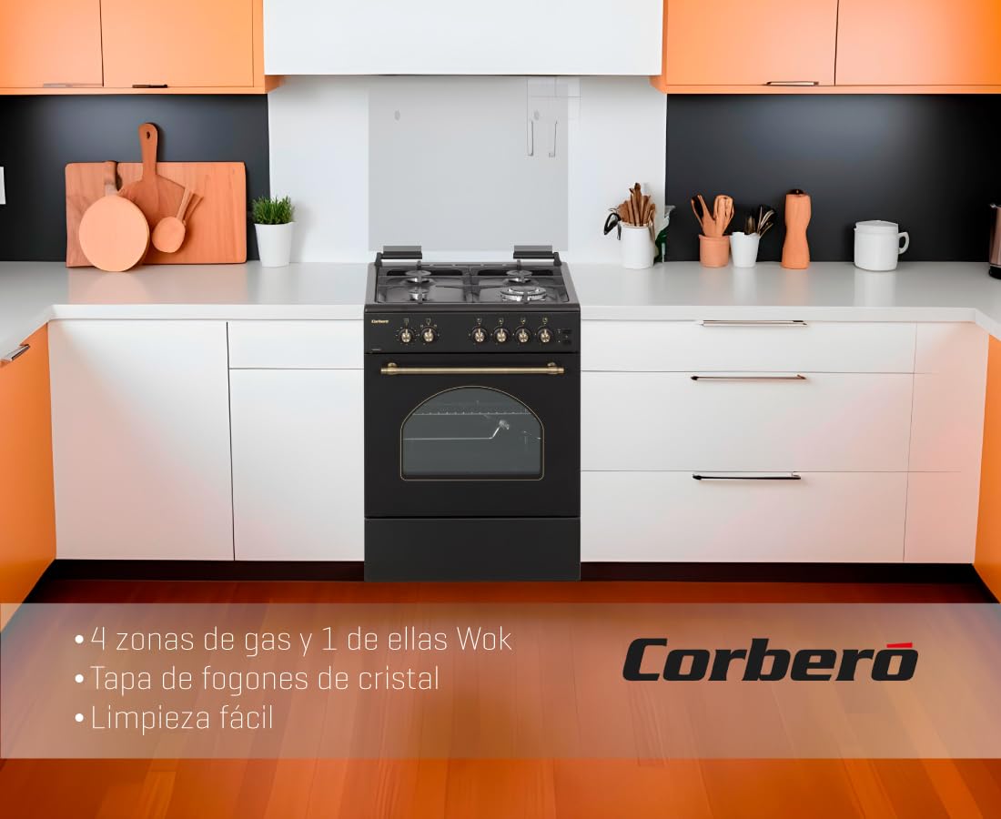 Corberó - Cocina de Gas Butano Excellence 60cm | CCSF6022NR | 4 Fuegos | Horno 55L con puerta triple cristal| Función Ruste pollos | Tapa Fogones Cristal| Wok con Quemado| Negro Rústica