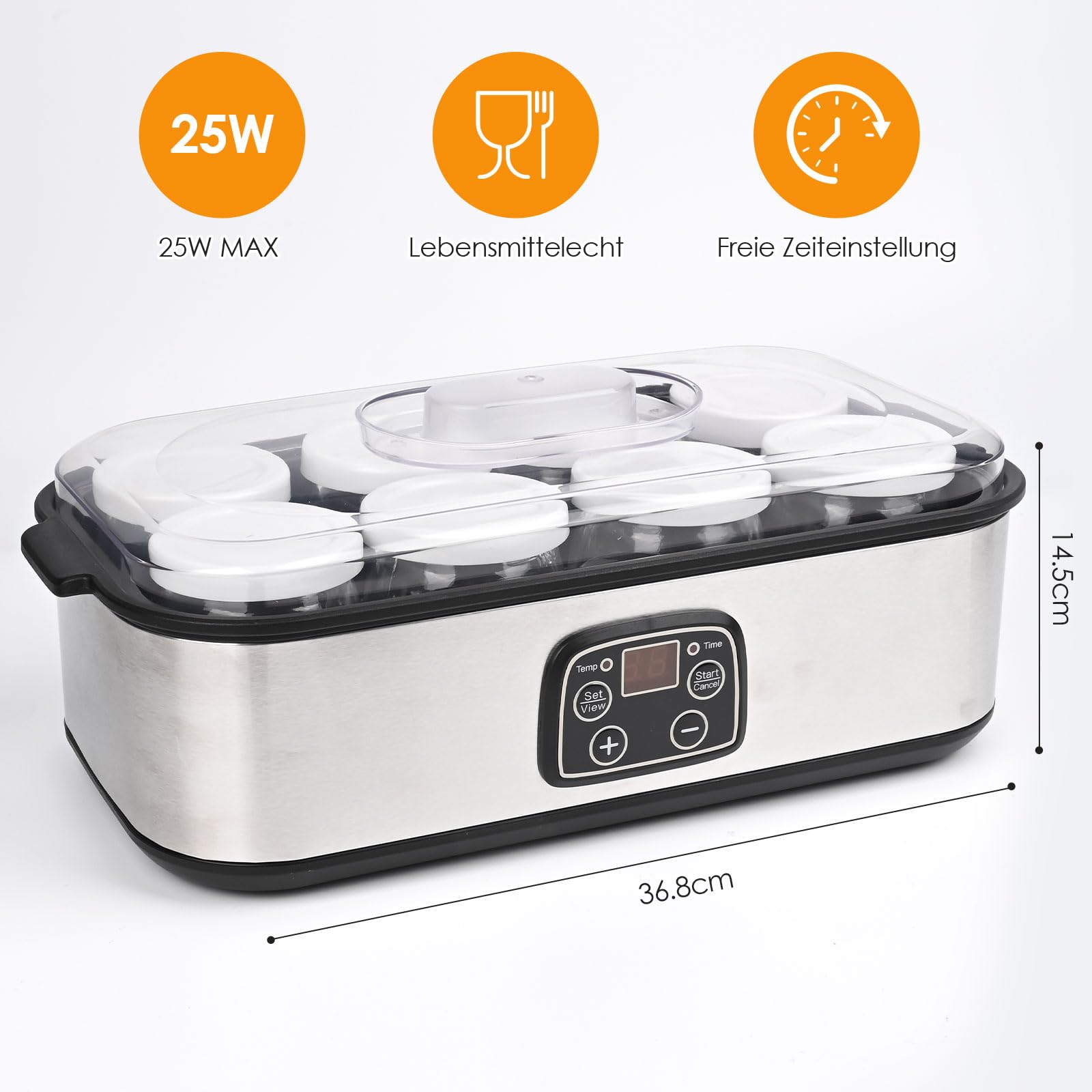 Dreamhigh® Elektrische Joghurtbereiter, Griechische Joghurtmaschine mit 8 Glasbehälter à 180 ml, Joghurt Maker mit LCD Display Timer, Temperatur 20-55°C, für Bis 1,4L Selbstgemachten Joghurt