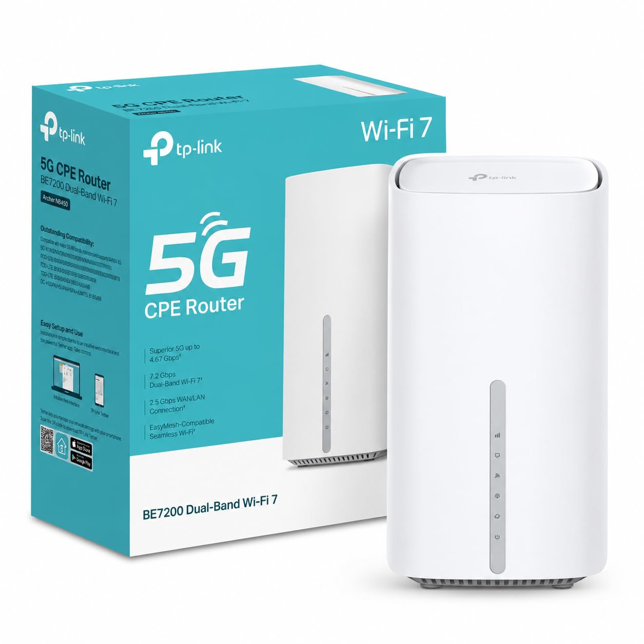 TP-Link Archer NB450 Routeur 5G WiFi 7 BE7200, Jusqu'à 4,67 Gbit/s en 5G, 7,2 Gbit/s, Port 2,5 Gigabit, EasyMesh, Nano SIM, Jusqu'à 200 Appareils, La puissance de la 5G, distribuée chez vous en WiFi 7