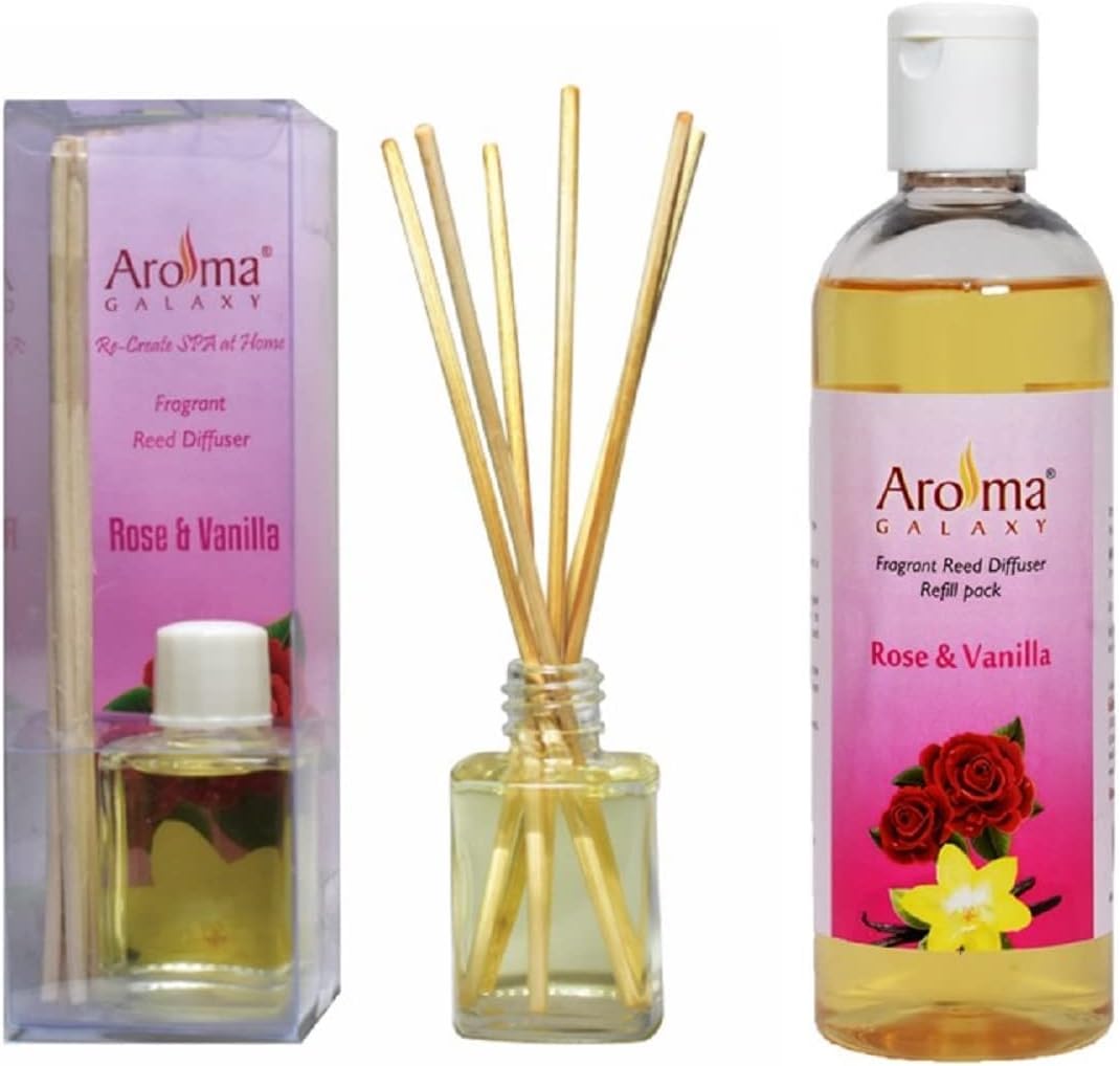 AROMA GALAXY Rose & Vanilla Fragrance Reed Diffuser Set 30ml Mini & 200ml Refill Pack Long - Lasting Home Freshener with Natural Reed Sticks