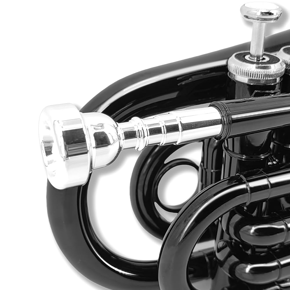 Tromba tascabile professionale in ottone con finitura laccata con custodia e accessori per la pulizia per principianti e musicisti (nero)