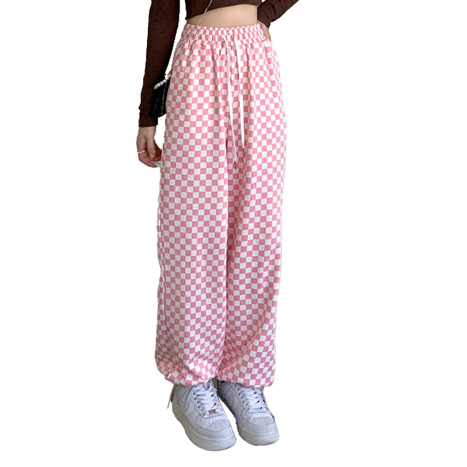 Checkered Pants Women Drawstring Casual Gingham Trousers Loose Fit Wide Leg Bottoms High Waist Plaid Sweatpants Pink Medium
