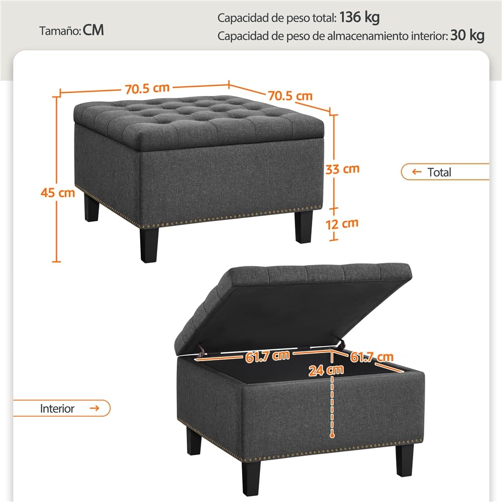 Yaheetech Banco Almacenaje Otomana Puff de Dormitorio Sala de Estar Gris | Banco de Pie, Entrada con Almacenamiento, 70X70X45 cm, Banco con Pata Madera