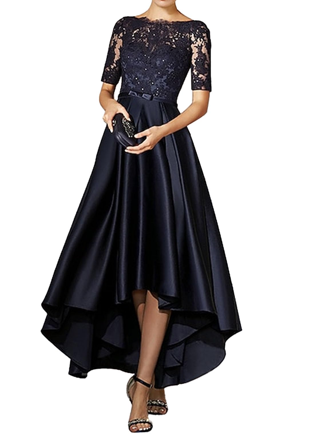 A-Line Asymmetrical Evening Satin Short Sleeve Scoop Neck Lace Bow s Pleats Appliques Mother of The Bride Dresses