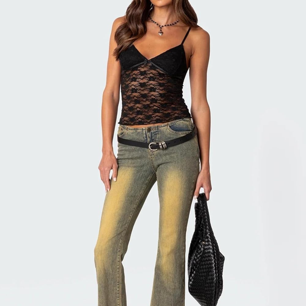 Naileksi Women Sheer Lace Crop Cami Top Spaghetti Strap See