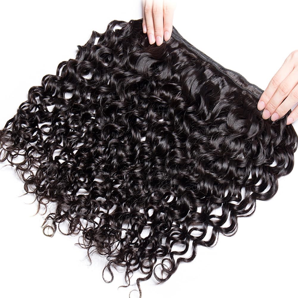 Water Wave 3 Bundles with Closure 100% Unprocessed Brazilian Water Curly Human Hair Weave with 4x4 Free Part Lace Closure Natural Color (12 14 16+10,Bundles with Closure)