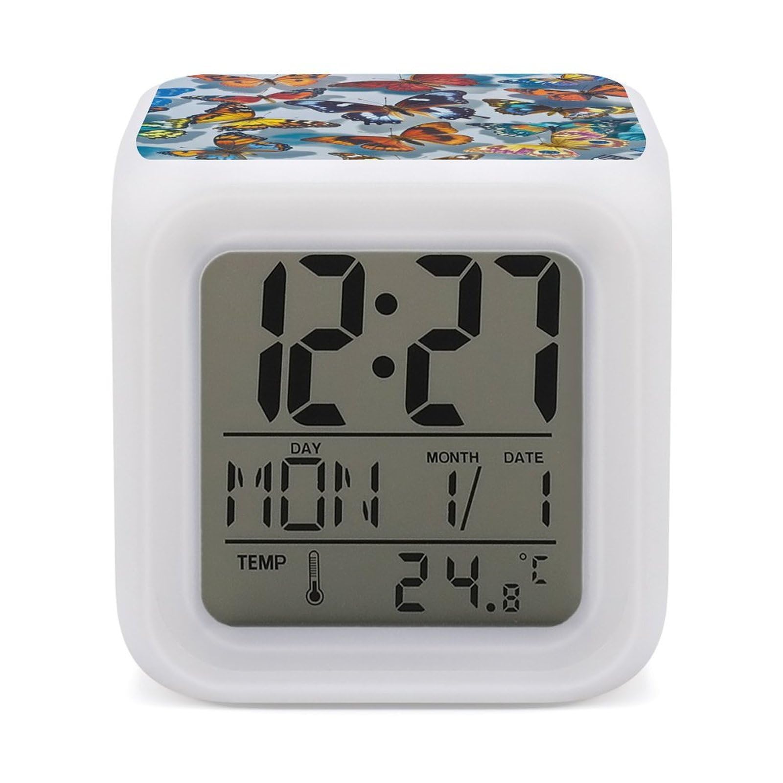 FekiLoot Butterflies Alarm Clock for Heavy Sleepers Small Digital Alarm Clock with Date Temperature Wake Up Digital Clocks with 7 Colors Changing Desk Clocks for Bedroom Bedside Nightstand