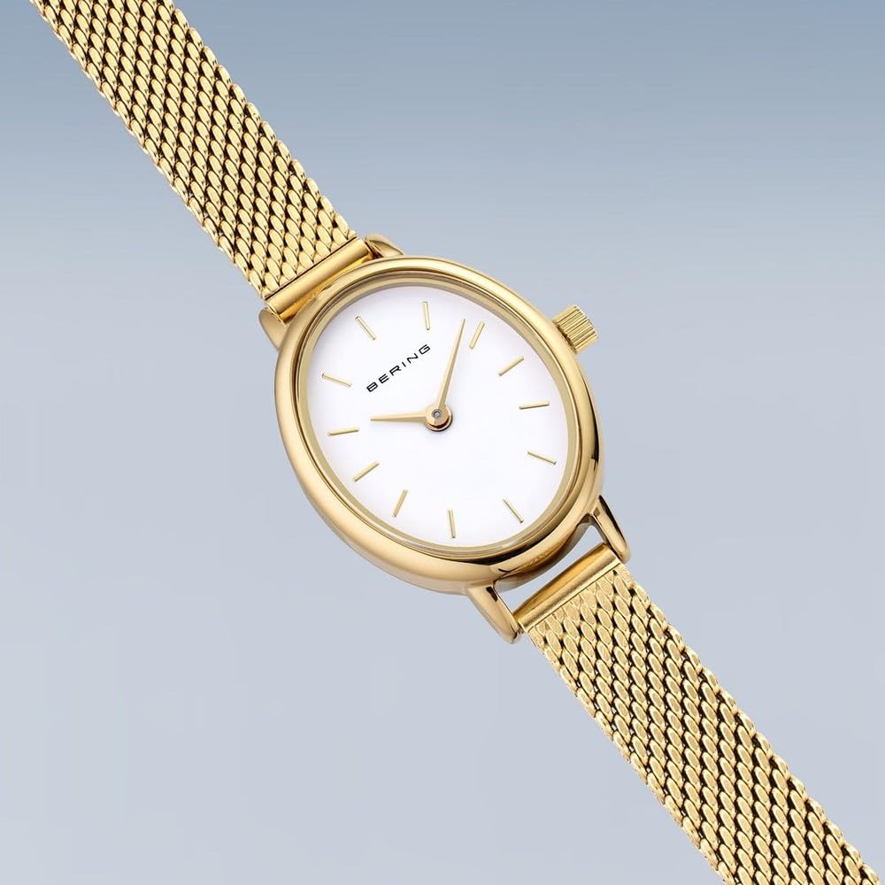 BERING Damen Quarz Uhr | Armbanduhr 20 mm goldenes Edelstahlgehäuse und weißes Zifferblatt | Milanaisearmband | Saphierglas | 3 ATM | 11020-334 | Saphirglas, Quarzwerk, Wasserdicht 3 ATM, Edelstahlgehäuse, Klappverschluss