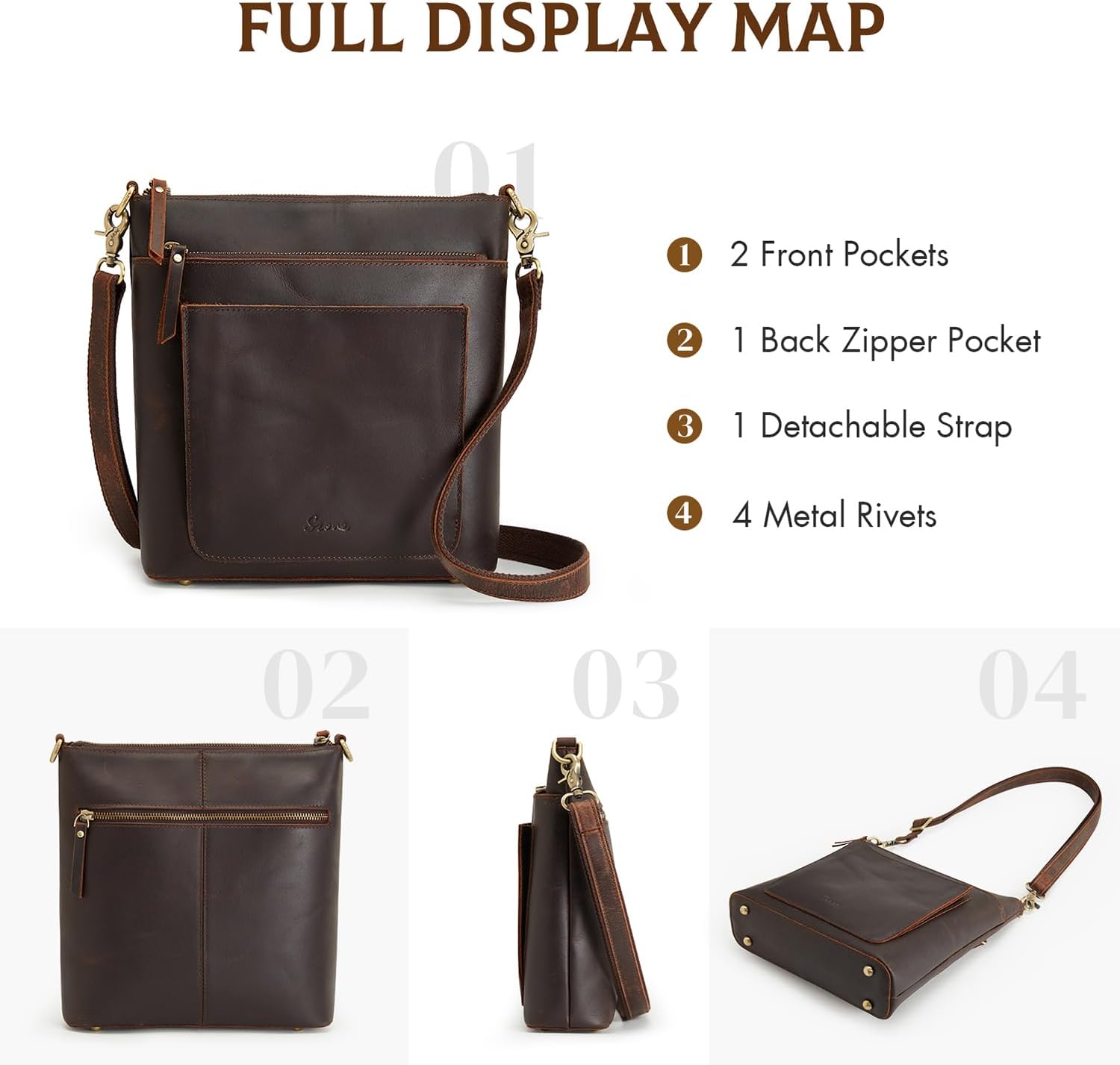 S-ZONE Leather Crossbody Bag for Women Vintage Cross Body Bags Shoulder Purse Ladies Medium Handbag with Multi Pockets - Image 7