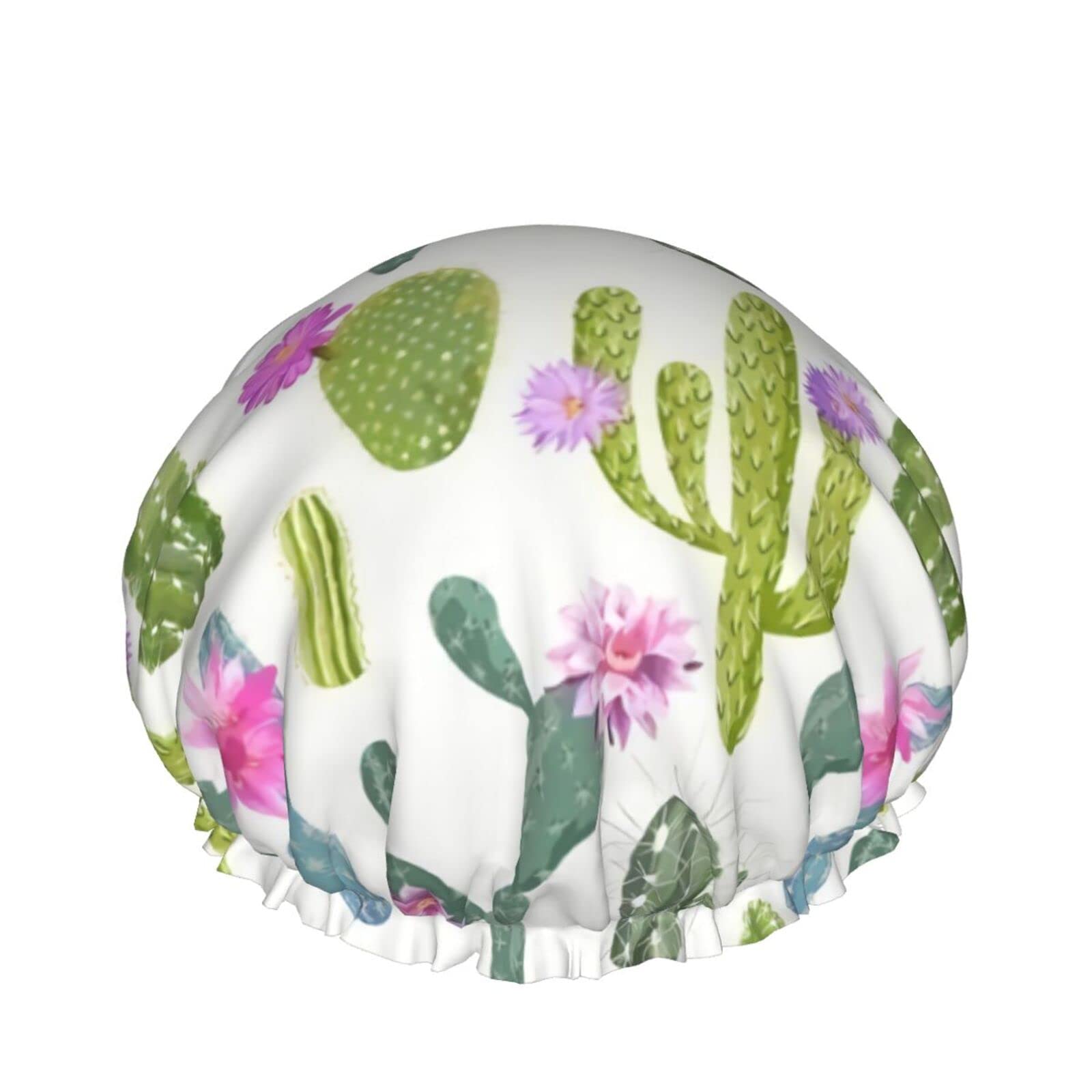 Gorro de ducha, flores de cactus, gorros de ducha de baño reutilizables blancos para mujeres de pelo largo, gorro de ducha de baño impermeable de doble capa, protector de cabello para niños, niñas, m