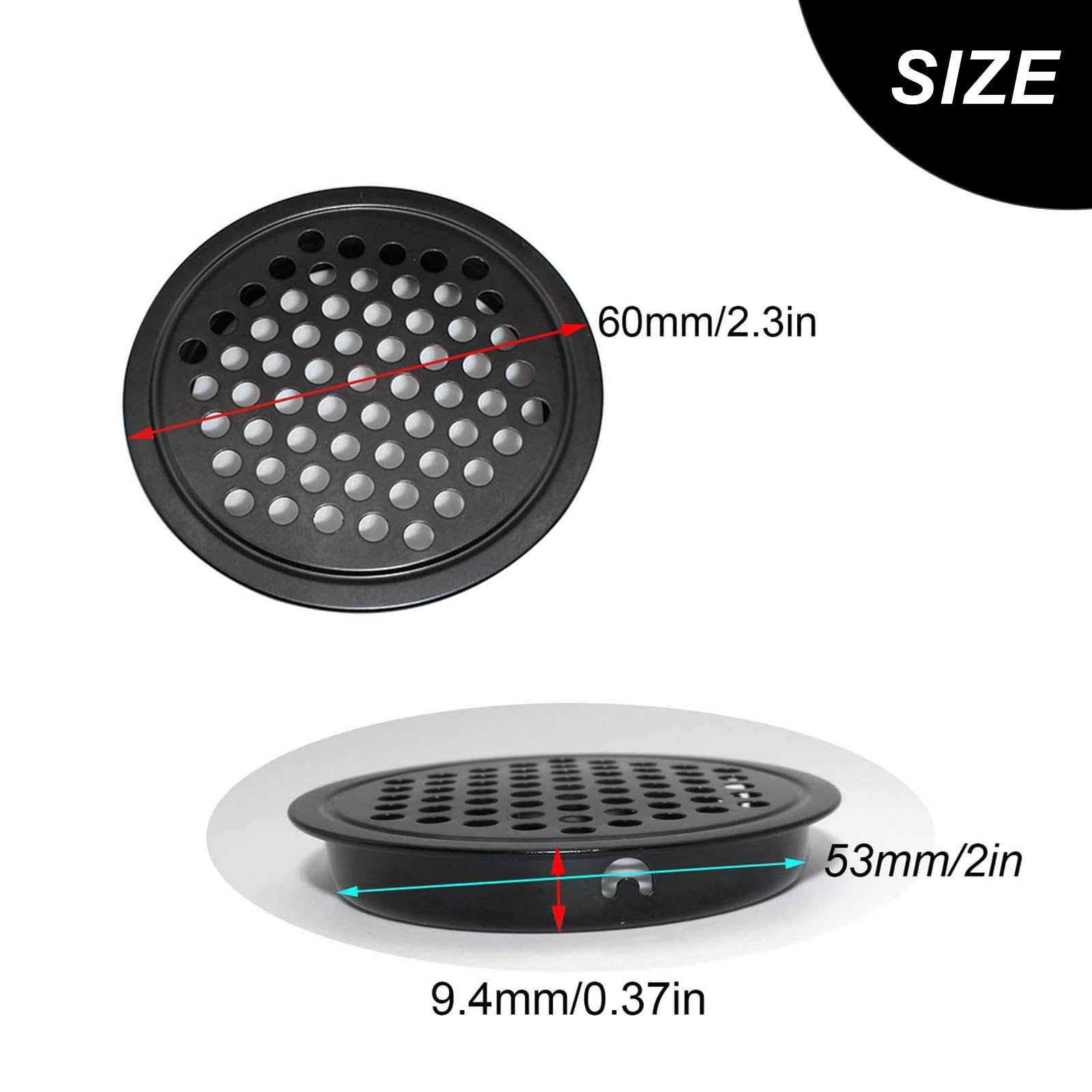 0XBIT 6 Stück Belüftungsgitter Rund, 60 Mm, Schwarz, Edelstahl – Für Schränke, Einfach Zu Installieren